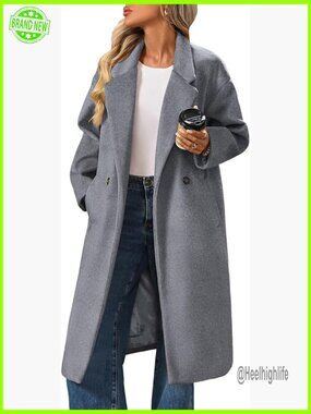 Double Breasted Wool Blend Peacoat Long Sleeve Notch Lapel Oversized
